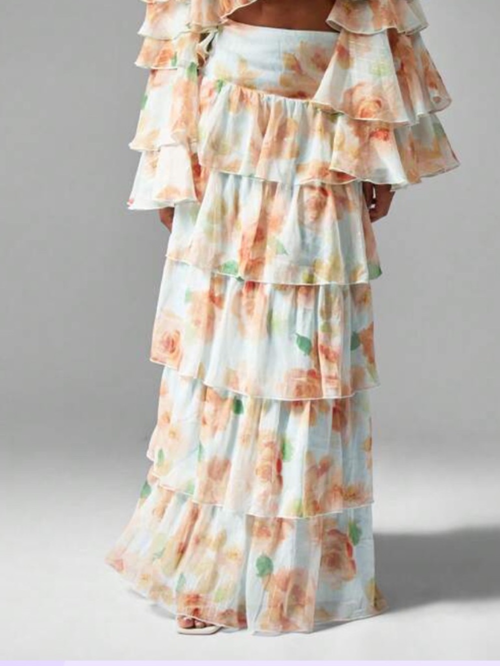 Tiered Floral Ruffle Maxi Skirt in Peach & Green
